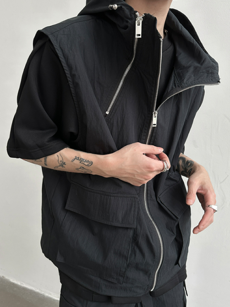 [Very Fewest] Multi-pocket hooded vest &amp; wide pants setup VF0002