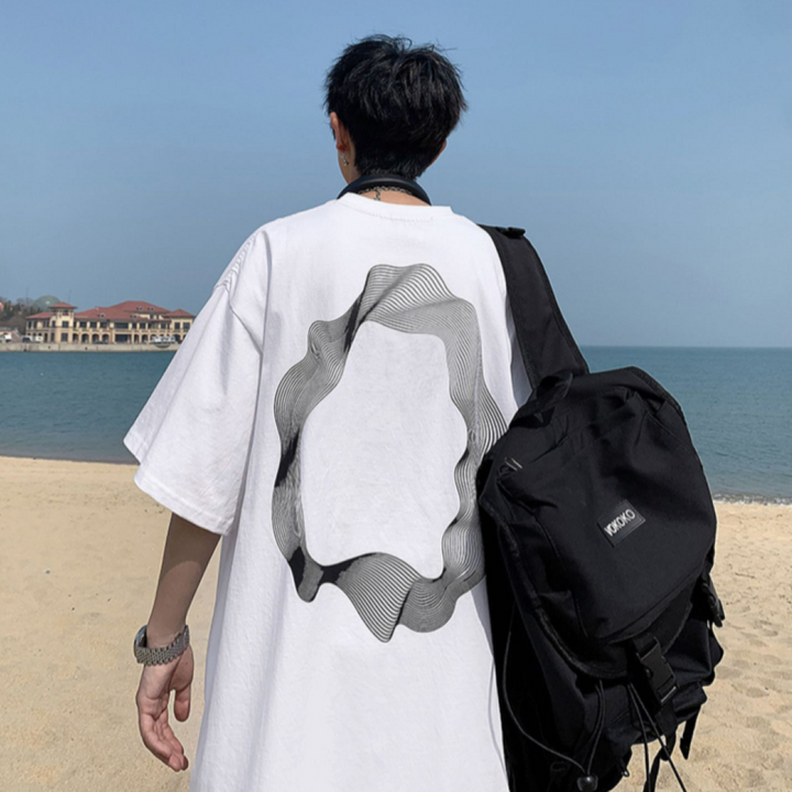 CEAROCOW] Geometric print half sleeve drop shoulder T-shirt