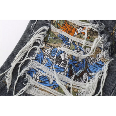 [TR BRUSHSHIFT] Distressed embroidery design loose denim jeans TB0002