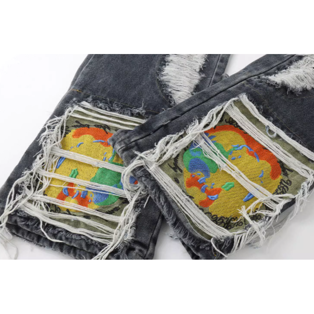 Distressed Embroid 【TR BRUSHSHIFT】Distressed embroidery design loose denim jeans TB0002 ...