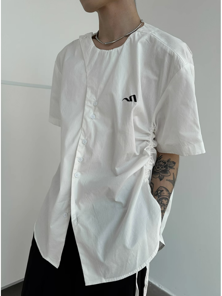[Very Fewest] Irregular collar side drawstring short sleeve shirt VF0017