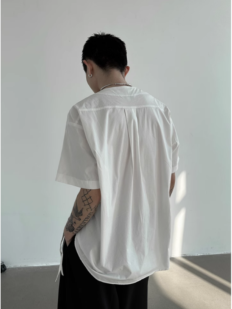 【Very Fewest】Irregular collar side drawstring short sleeve shirt  VF0017