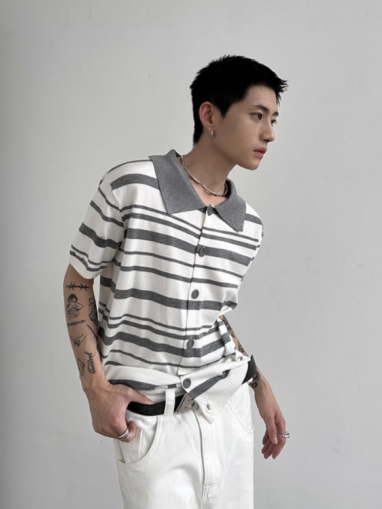 [Very Fewest] Contrast color border short sleeve knit sweater VF0018