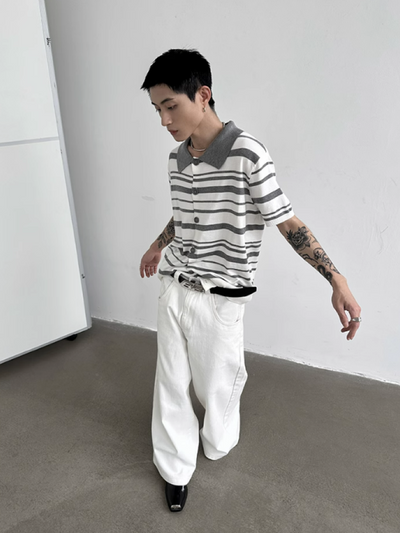 【Very Fewest】Contrast color border short sleeve knit sweater  VF0018