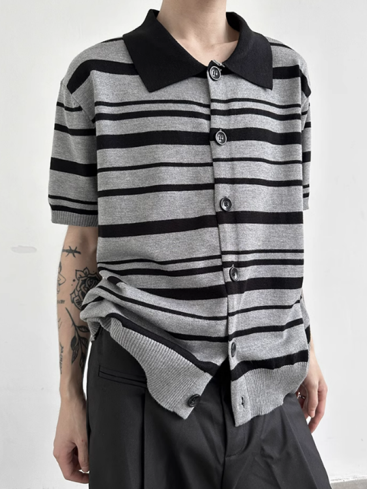 [Very Fewest] Contrast color border short sleeve knit sweater VF0018