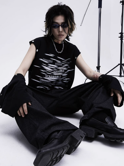 【0-croworld】Removable sleeve loose T-shirt CR0033