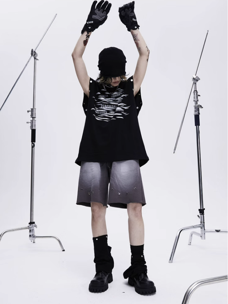 【0-croworld】Removable sleeve loose T-shirt CR0033