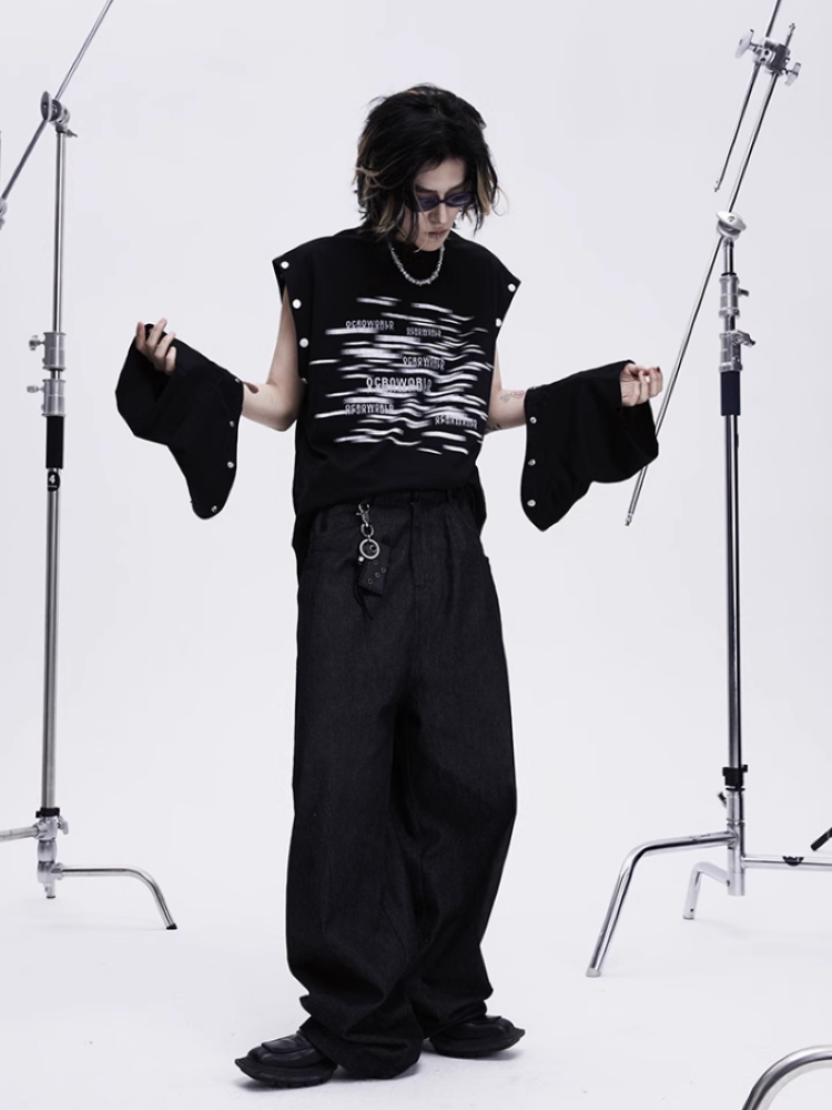 【0-croworld】Removable sleeve loose T-shirt  CR0033