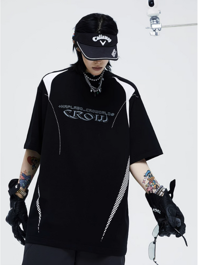 【0-croworld】Reflective print contrast color short-sleeved T-shirt CR0035