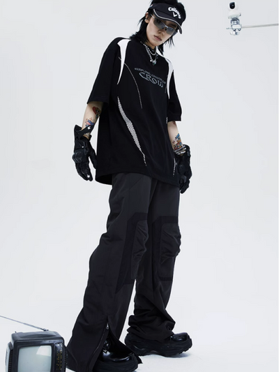 【0-croworld】Reflective print contrast color short-sleeved T-shirt CR0035