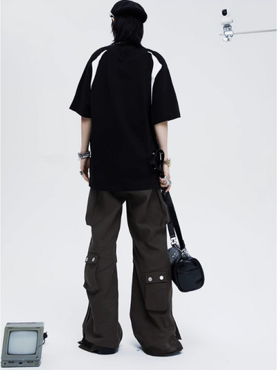 【0-croworld】Reflective print contrast color short-sleeved T-shirt CR0035