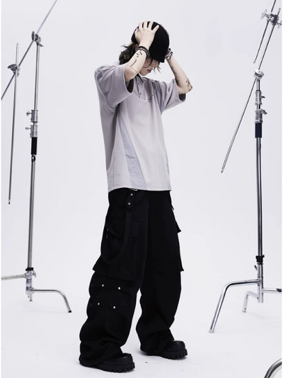 【0-croworld】Double belt design wide leg casual pants  CR0037