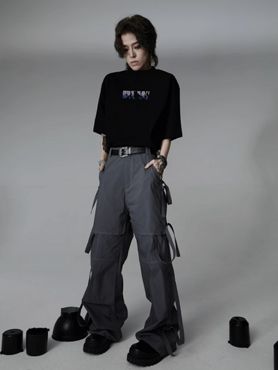 【0-croworld】Belt design color stitching casual pants  CR0039