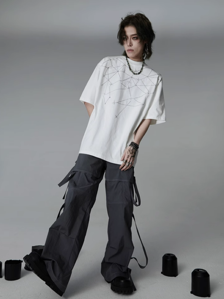【0-croworld】Belt design color stitching casual pants  CR0039