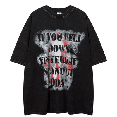 【ReIAx】Letter graffiti washed short-sleeved T-shirt  RX0005