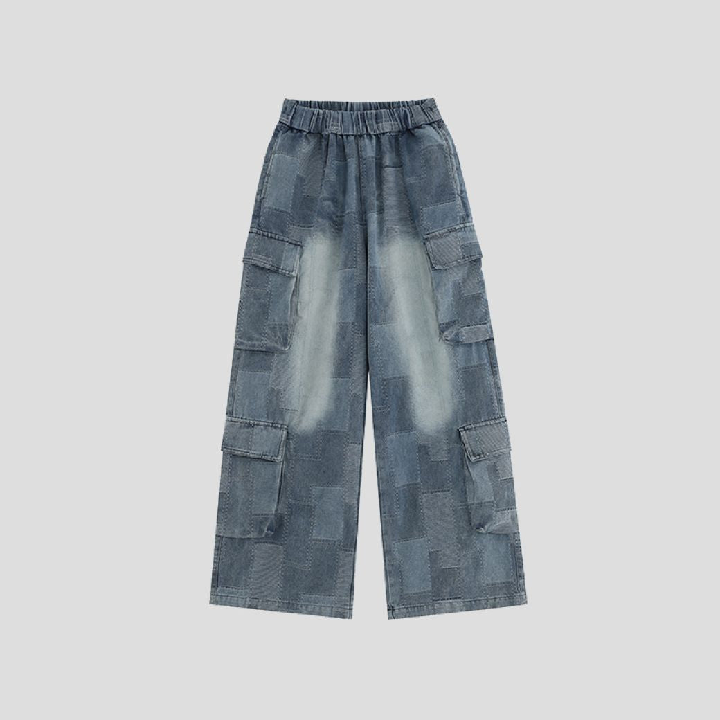 [INS] Checkered multi-pocket wash casual denim pants IN0016