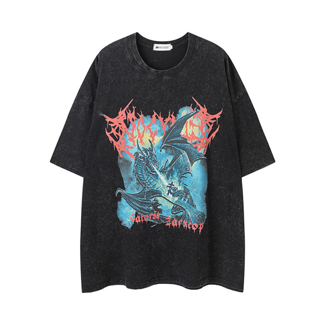 Dragon print loose short-sleeved T-shirt  HL2914