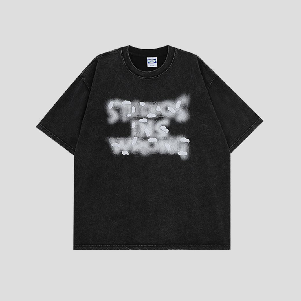【INS】Smoke embroidery logo half sleeve washed T-shirt  IN0014