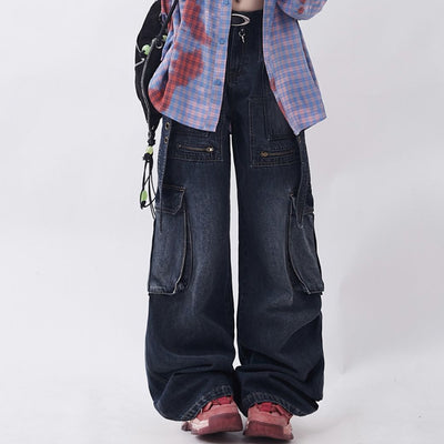 【Rayohopp】Multi pocket bell and design wide leg denim jeans  RH0011