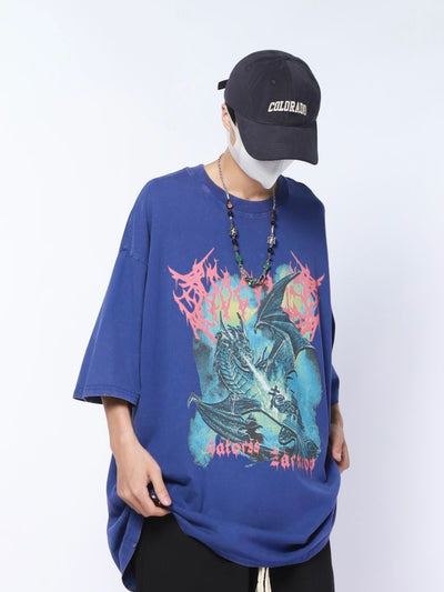 Dragon print loose short-sleeved T-shirt  HL2914