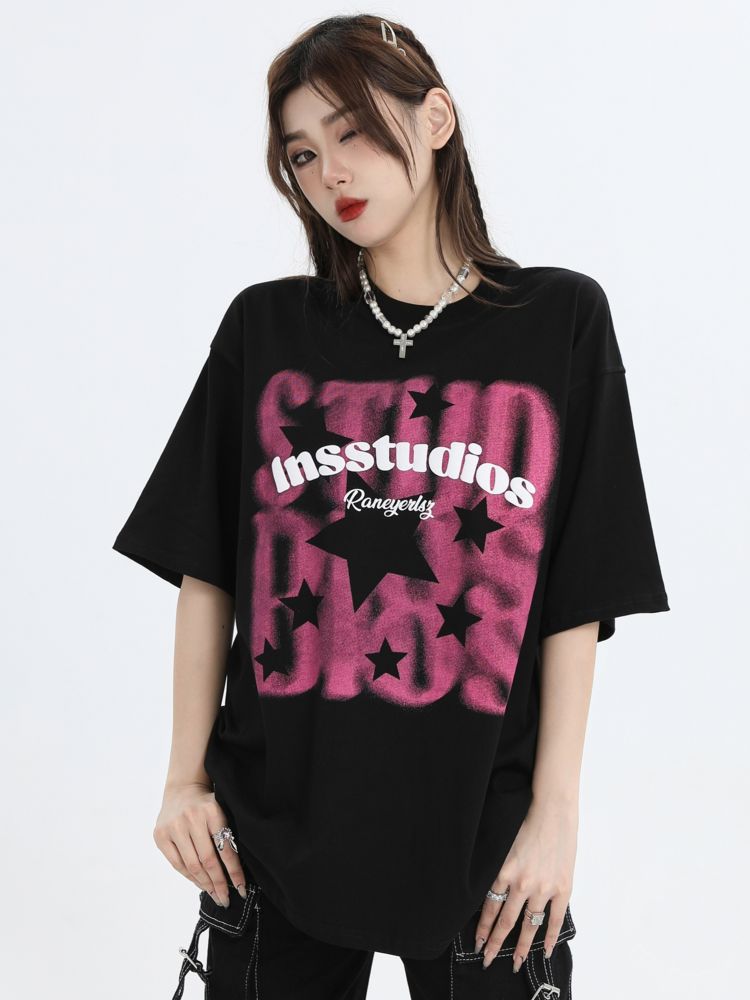 【INS】Fuzzy logo star half sleeve cotton T-shirt  IN0015