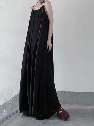 [Floating weed] Long ribbon suspenders pleated long dress FW0006