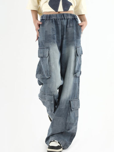 【INS】Checkered multi-pocket wash casual denim pants  IN0016