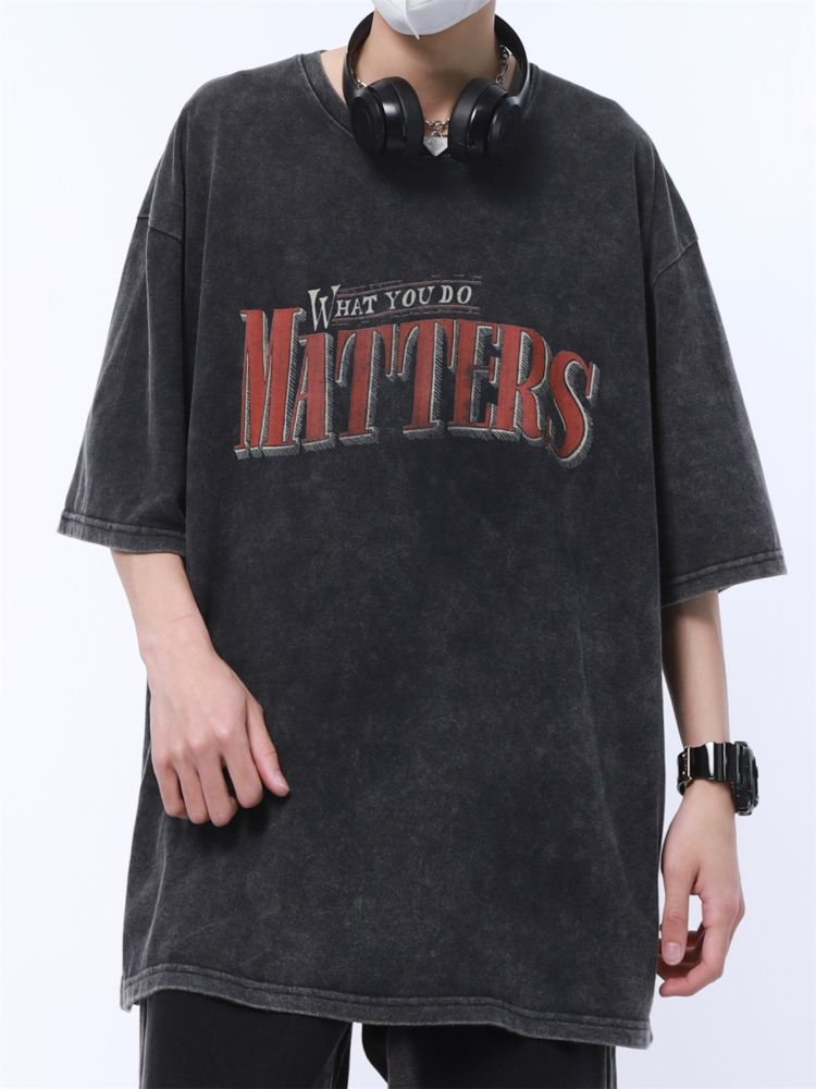 Retro letter print loose wash cotton T-shirt  HL2932