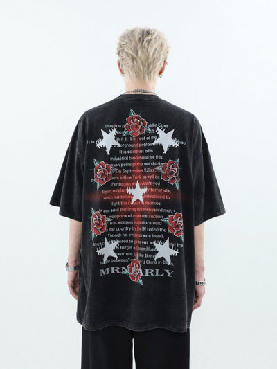 【MR nearly】Retro star rose letter print short sleeve T-shirt  MR0040