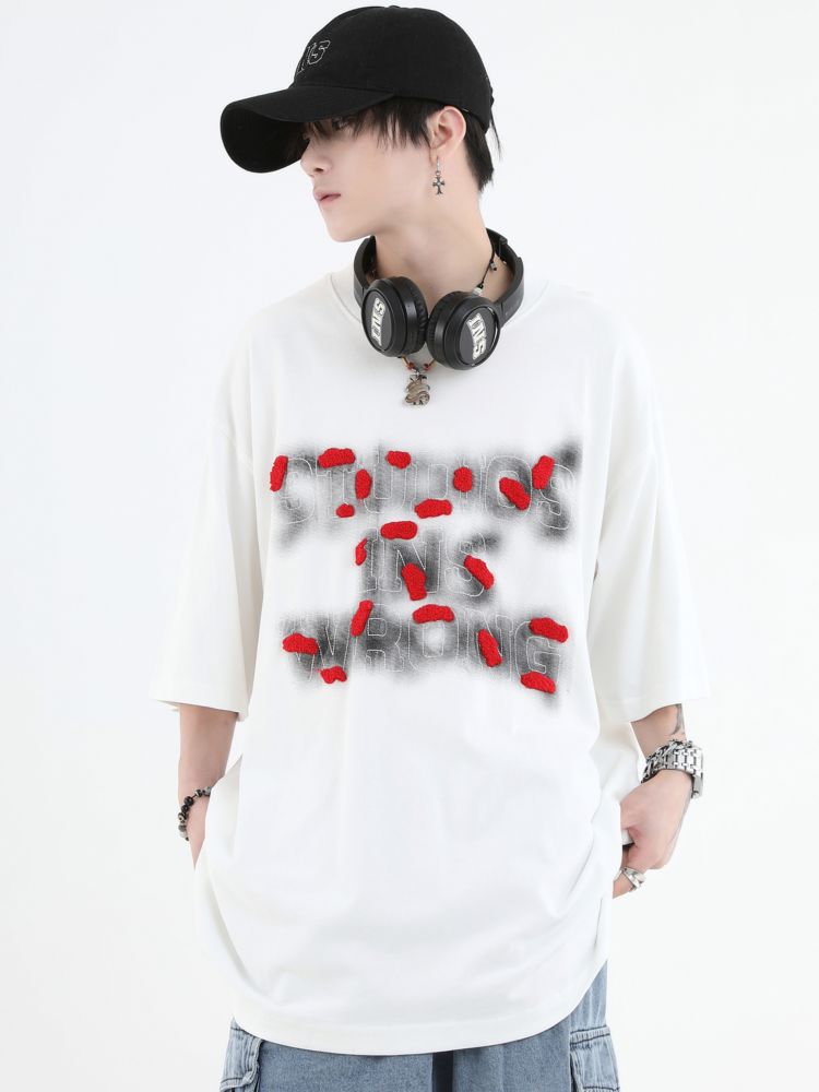 【INS】Smoke embroidery logo half sleeve washed T-shirt  IN0014