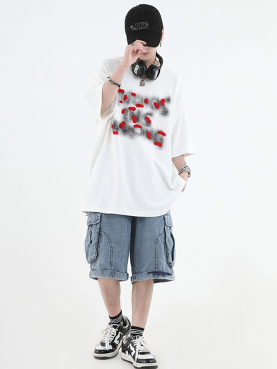 【INS】Smoke embroidery logo half sleeve washed T-shirt  IN0014