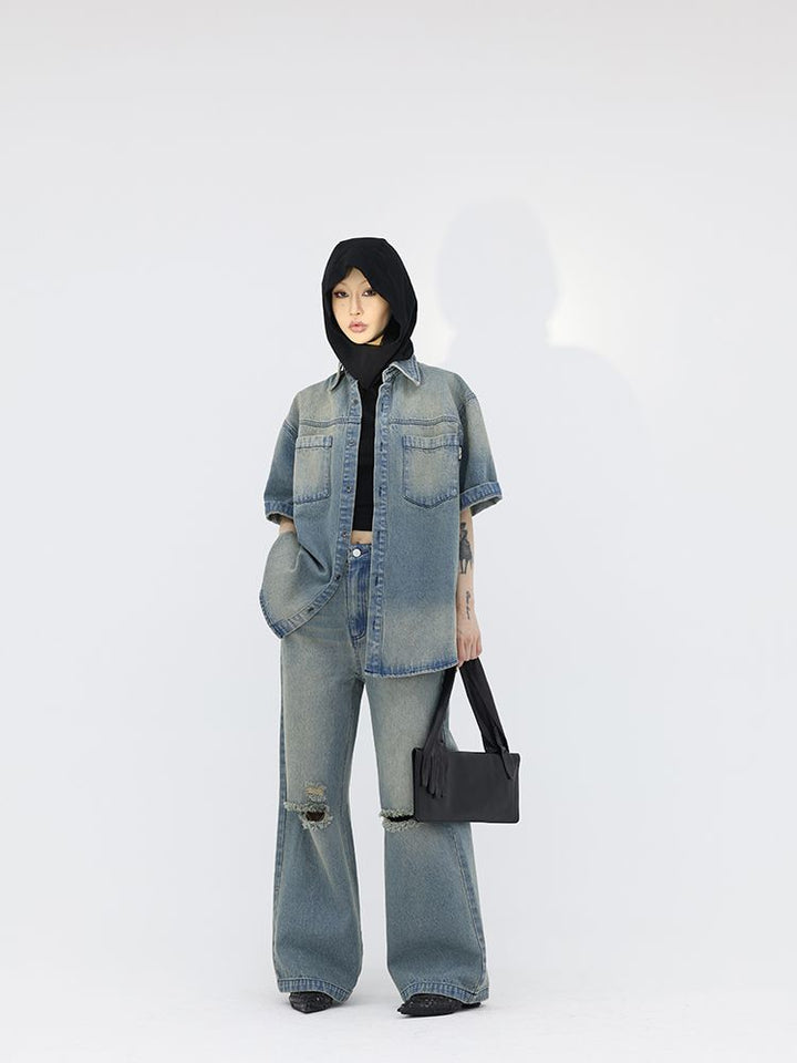 FUZZYKON】Washed denim short sleeve jacket & wide pants setup 