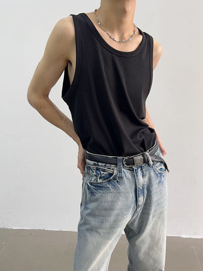 【Yghome】Strip texture knit loose sleeveless t-shirt YH0006