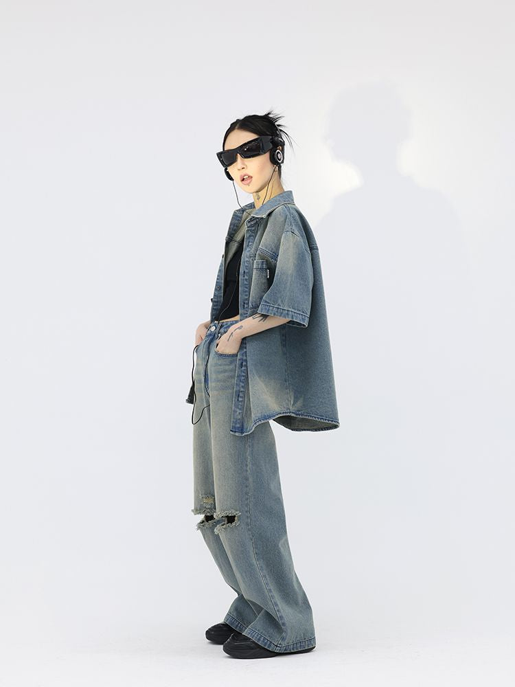 FUZZYKON】Washed denim short sleeve jacket & wide pants setup 