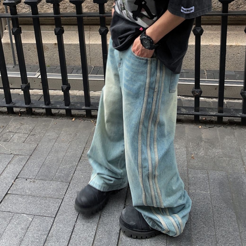 【FATEENG】Side stripe drape loose washed jeans FG0003