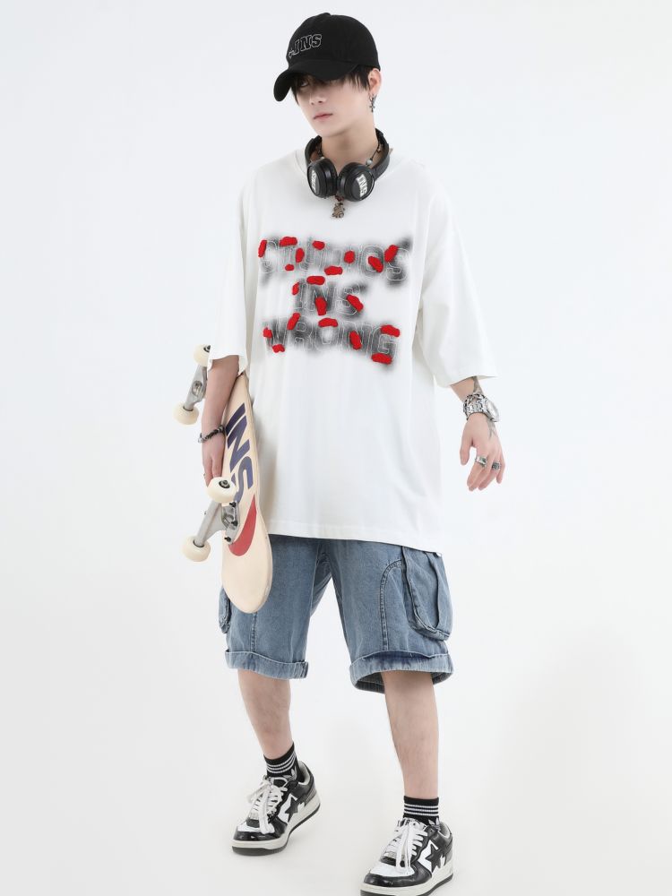 【INS】Smoke embroidery logo half sleeve washed T-shirt  IN0014