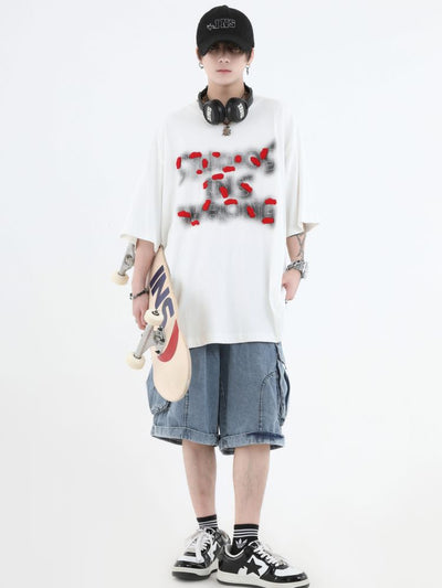 【INS】Smoke embroidery logo half sleeve washed T-shirt  IN0014
