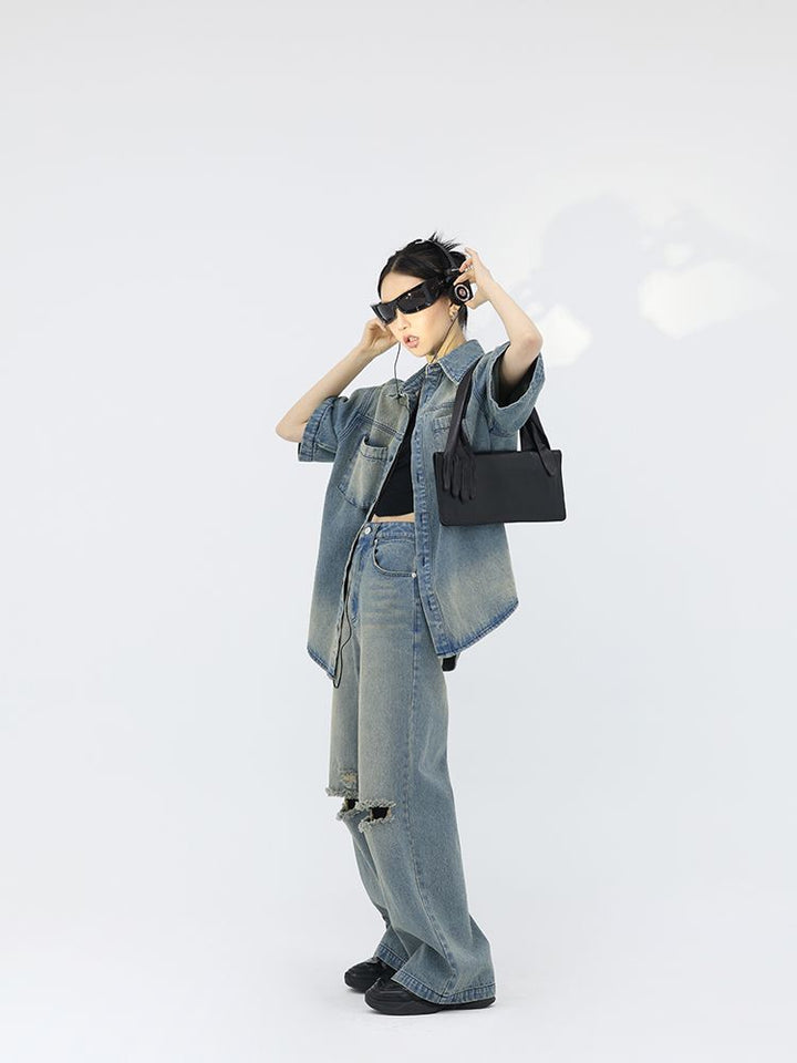 FUZZYKON】Washed denim short sleeve jacket & wide pants setup 