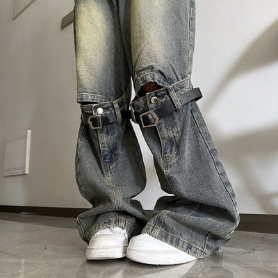 Belt design knee hole loose denim jeans HL2926