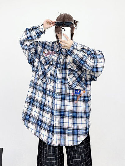 【CEDY】Plaid design oversized short-sleeved shirt  CD0024