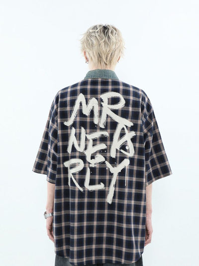 【MR nearly】Back graffiti print check pattern short-sleeved shirt  MR0038