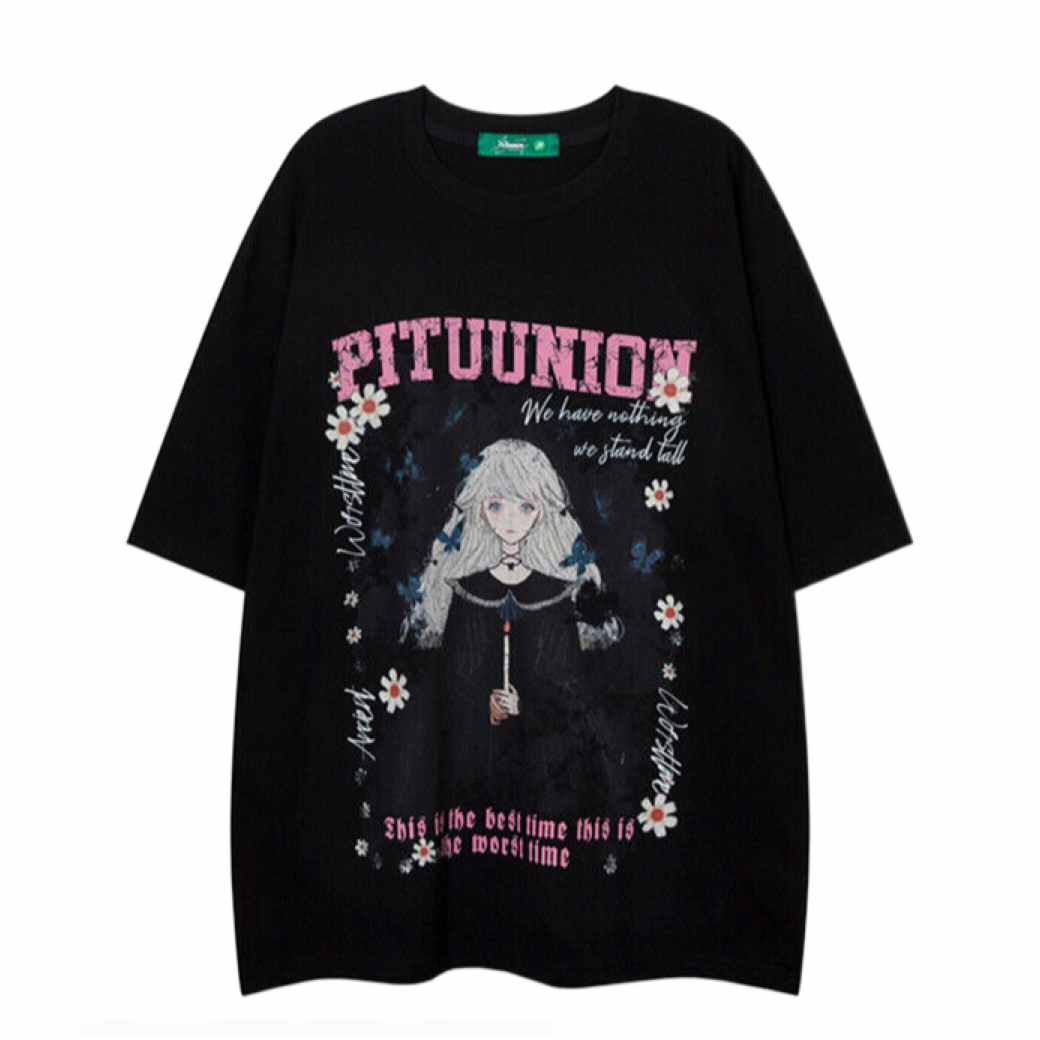 【VEG Dream】Flower girl print loose short-sleeved T-shirt  VD0193