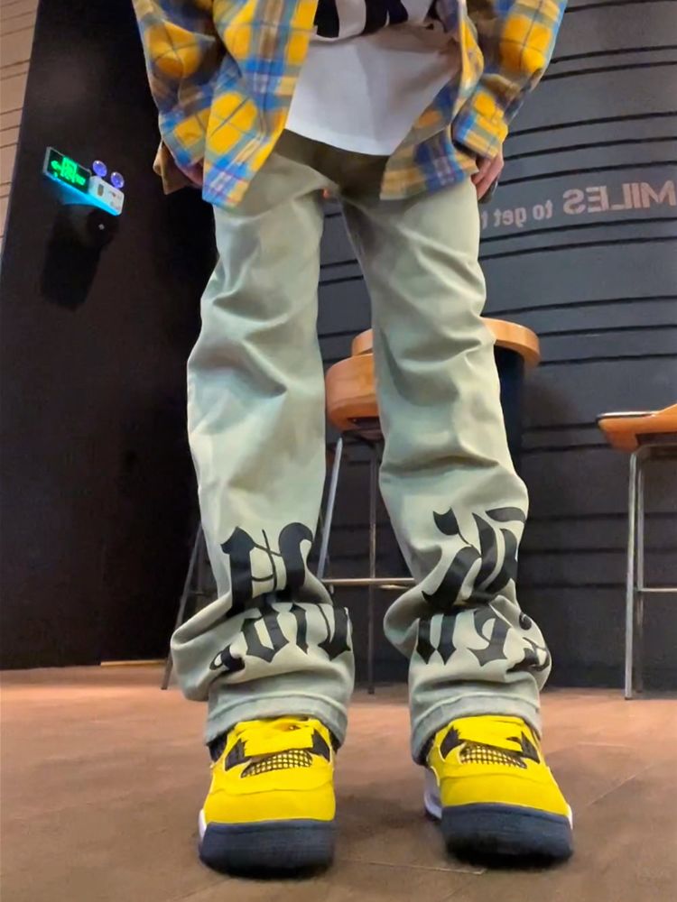 【F383】Yellow mud washed print straight jeans  FT0036