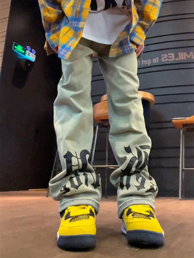 【F383】Yellow mud washed print straight jeans  FT0036