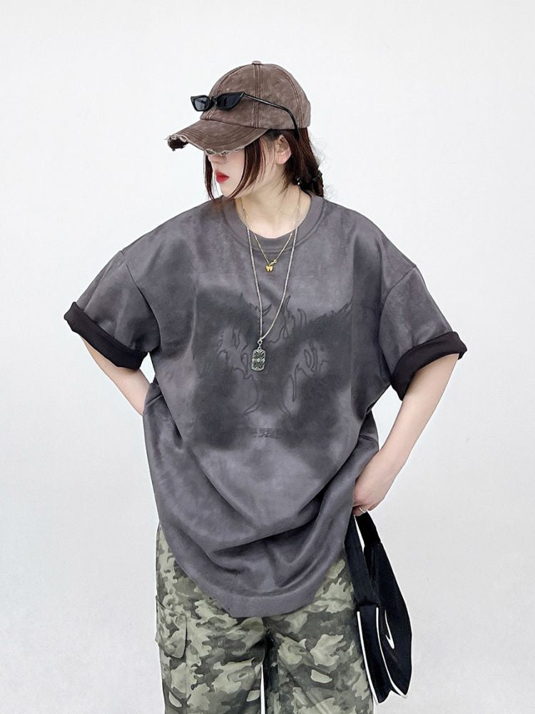 【CEDY】Design print suede short sleeve T-shirt  CD0019