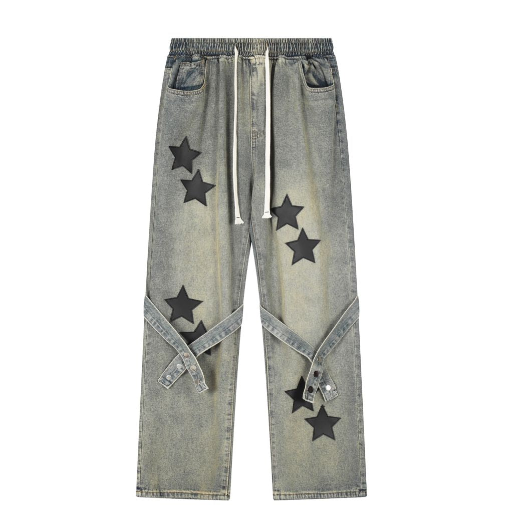 【ReIAx】Star patch drawstring wide leg denim pants  RX0003