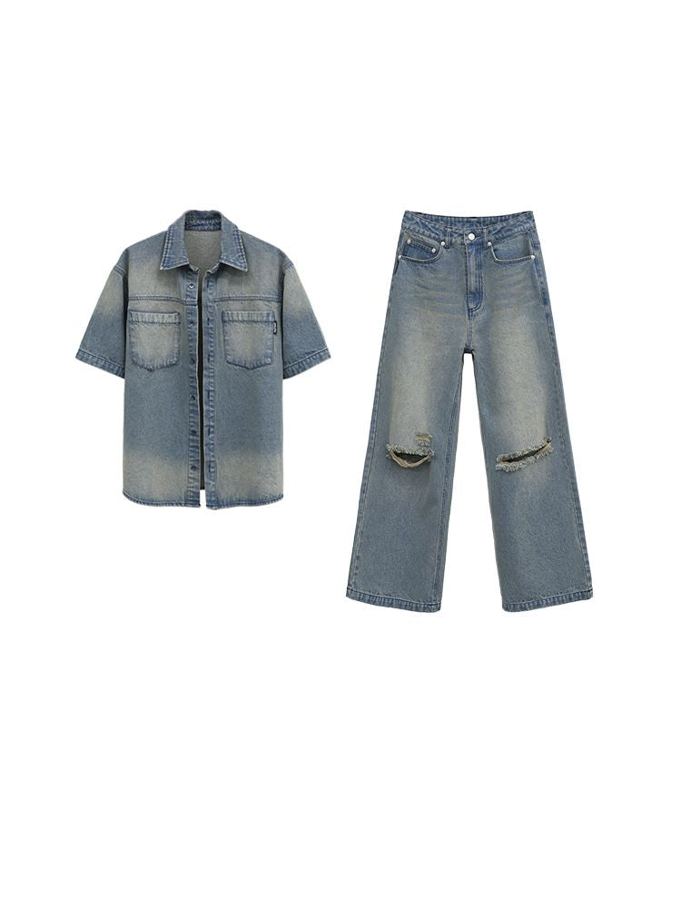 [FUZZYKON] Washed denim short sleeve jacket &amp; wide pants setup FK0005