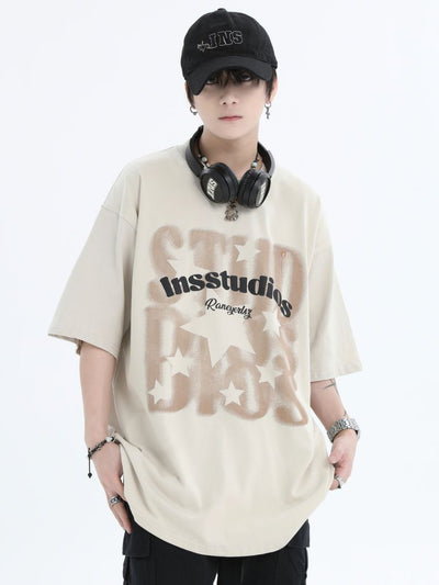 【INS】Fuzzy logo star half sleeve cotton T-shirt IN0015