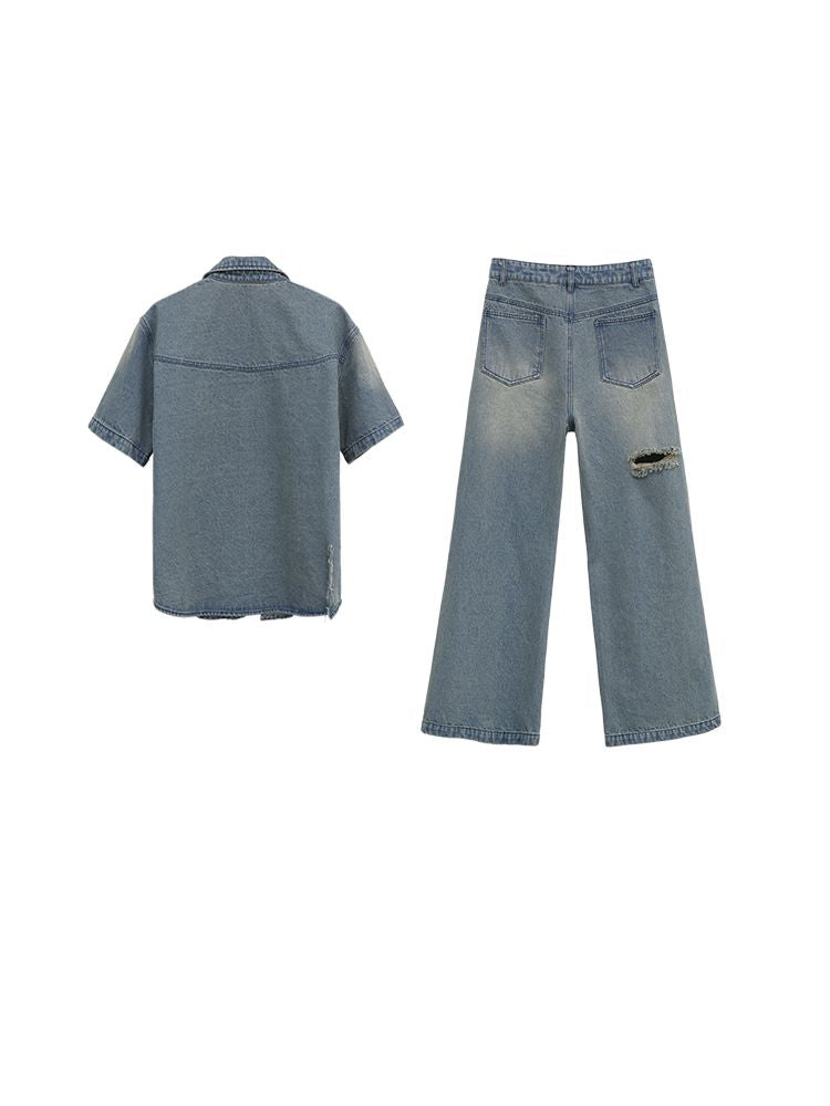 【FUZZYKON】Washed denim short sleeve jacket & wide pants setup  FK0005