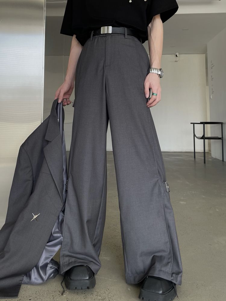 [MARTHENAUT]Side metal buckle pleated wide leg casual pants MH0005